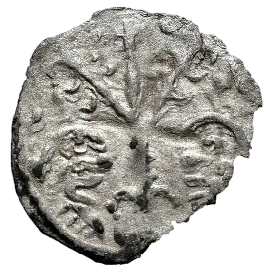 Dineros riales de 1200 / de la Curia de Llión (cruce cun veros, dous llïones baixu árbol), reversu